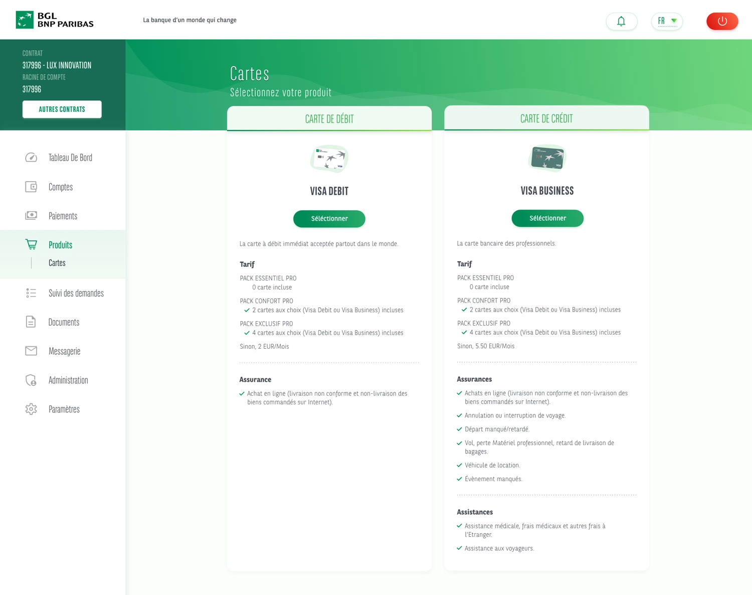 Card selection at the start of the ordering flow