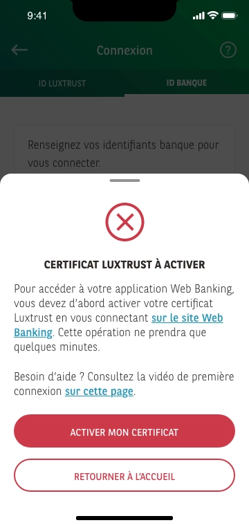New screen explaining the Luxtrust certificate has to be activated